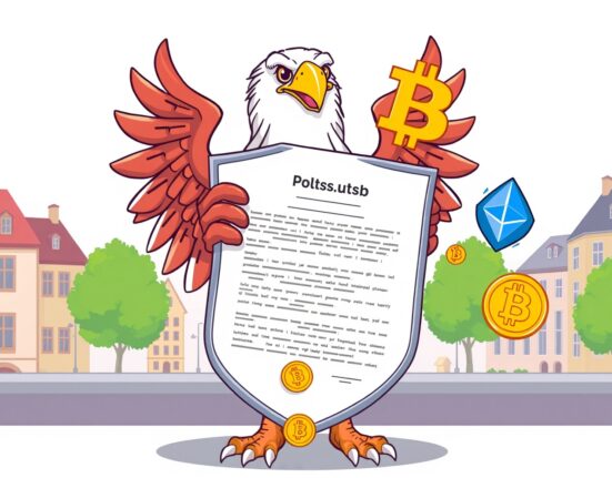 Polish crypto regulation protected by presidential veto in a vibrant cartoon scene.