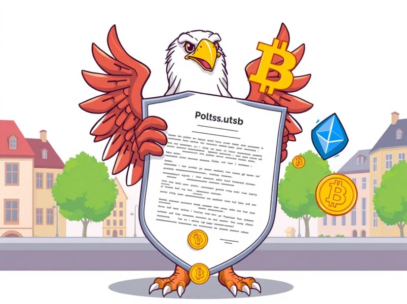 Polish crypto regulation protected by presidential veto in a vibrant cartoon scene.