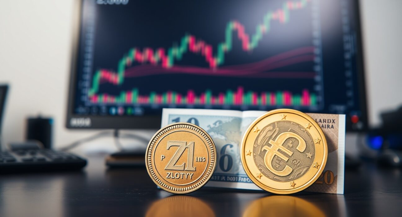 Polish Zloty coin and Euro banknote on trading desk with chart monitor in background