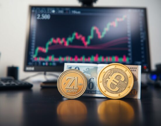 Polish Zloty coin and Euro banknote on trading desk with chart monitor in background