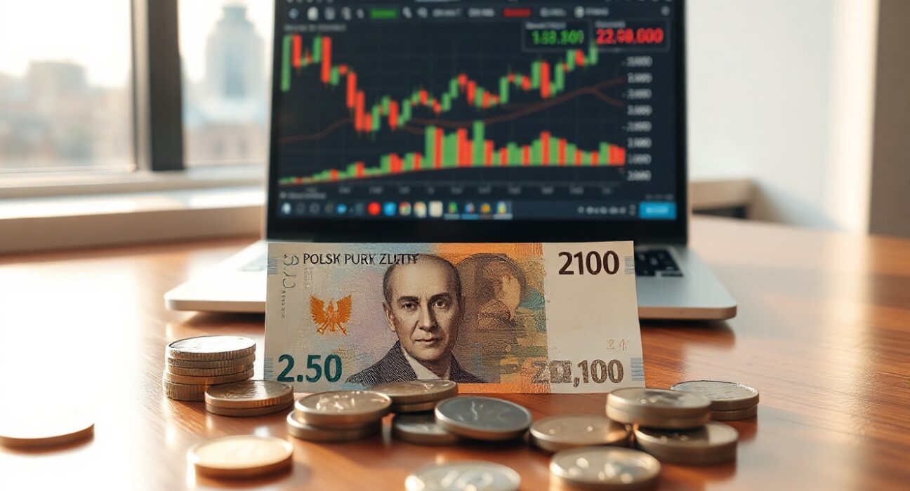 Polish Zloty banknotes and coins on a desk with a laptop showing financial charts in a sunlit office