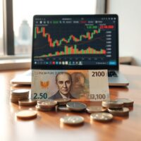 Polish Zloty banknotes and coins on a desk with a laptop showing financial charts in a sunlit office