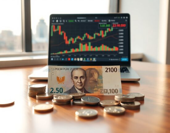 Polish Zloty banknotes and coins on a desk with a laptop showing financial charts in a sunlit office