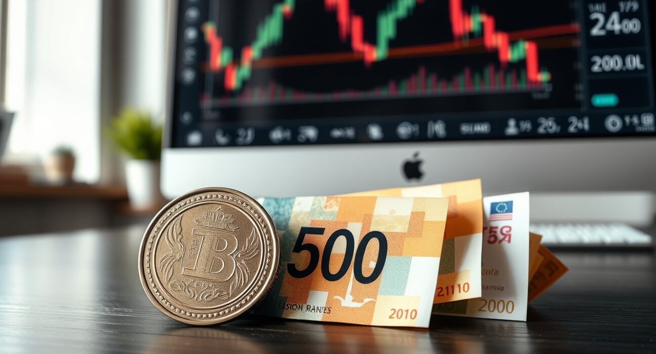 Polish zloty banknotes and coins on a desk with a financial chart in the background