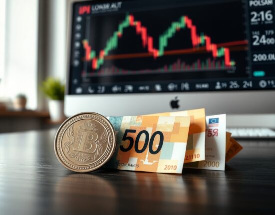 Polish zloty banknotes and coins on a desk with a financial chart in the background