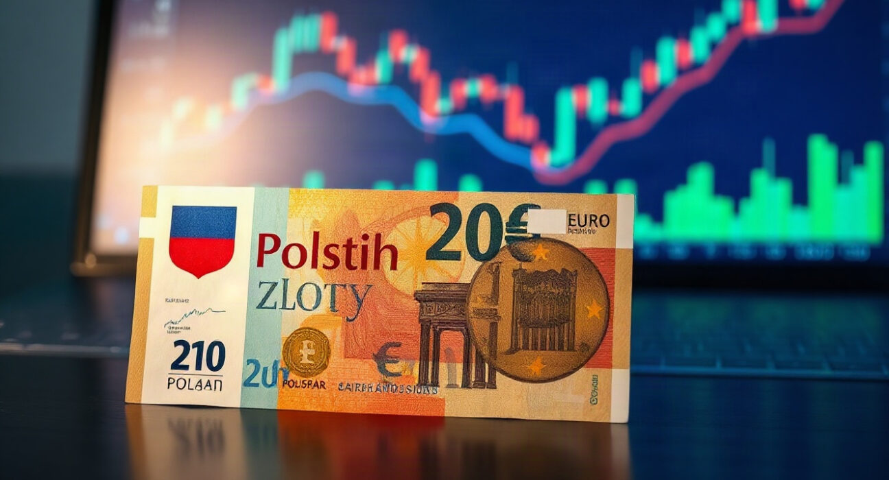 Polish Zloty and Euro banknotes side by side, illustrating currency exchange and fiscal risk analysis.