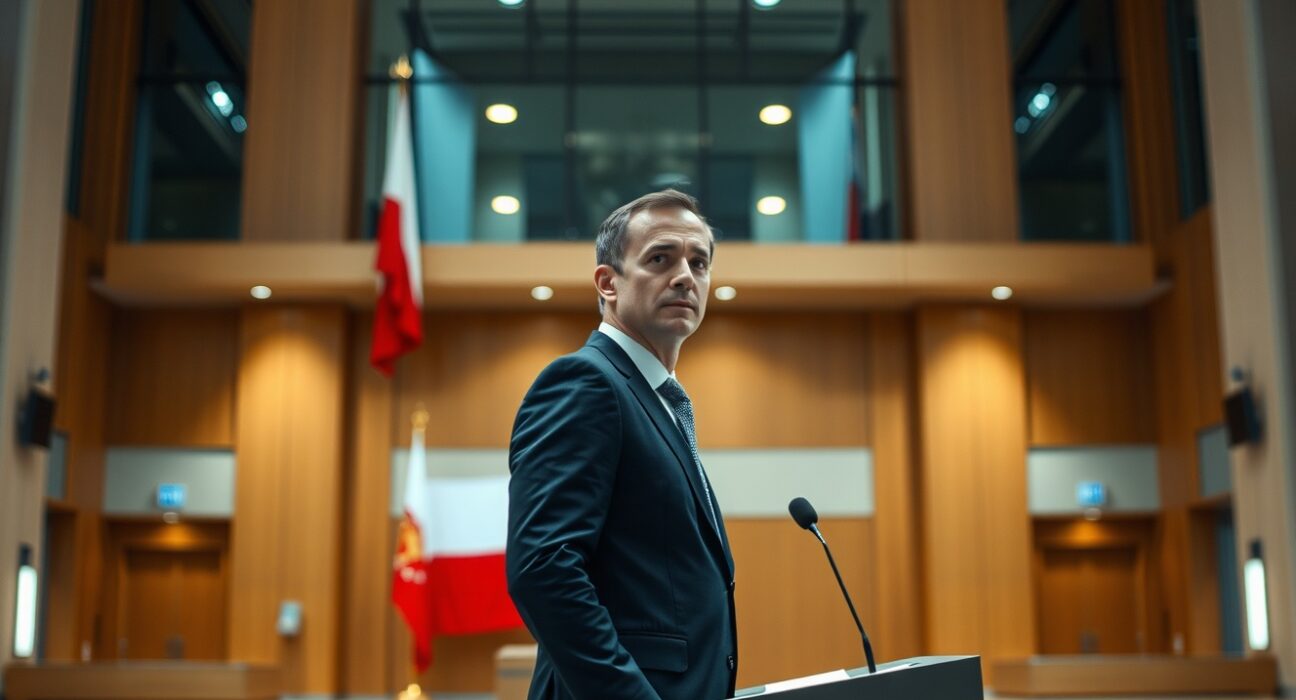 Interior of a Polish central bank with a central banker at a podium.