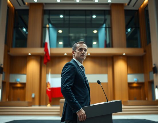 Interior of a Polish central bank with a central banker at a podium.