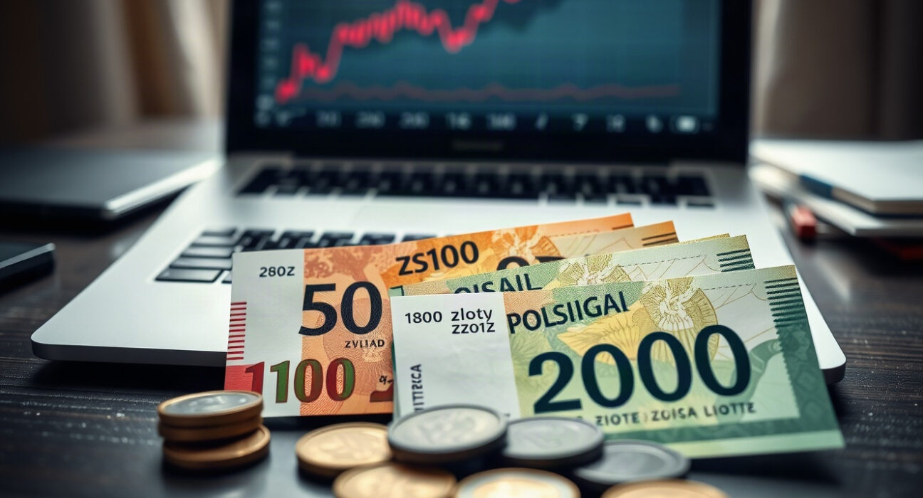 Polish zloty banknotes and coins with a financial chart in the background, illustrating currency and inflation analysis