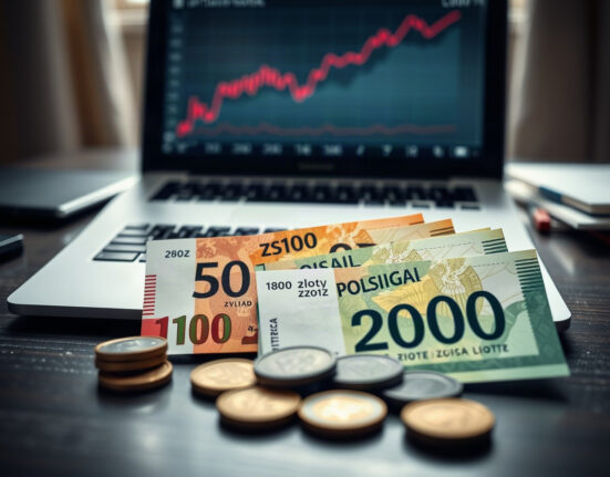 Polish zloty banknotes and coins with a financial chart in the background, illustrating currency and inflation analysis