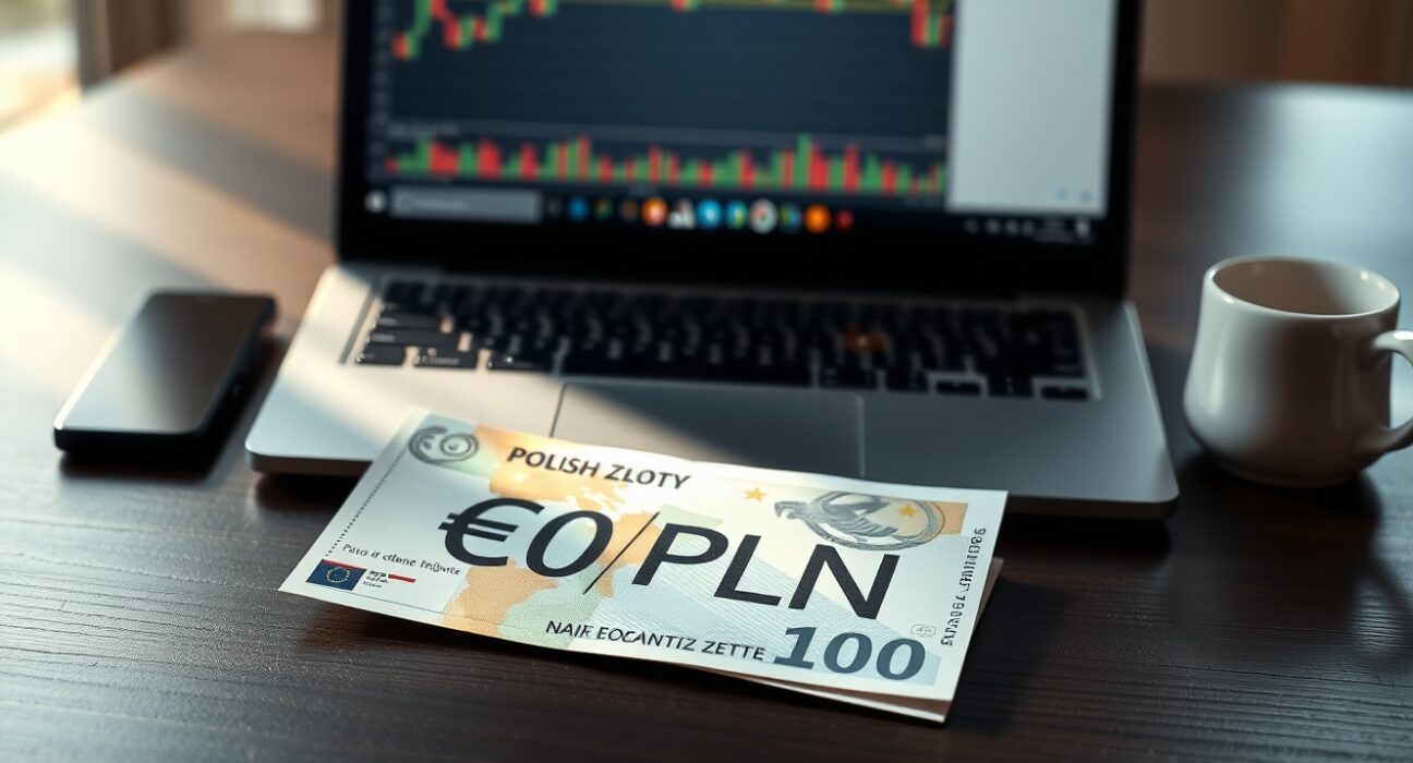 Polish Zloty banknote on desk with laptop showing EUR/PLN chart