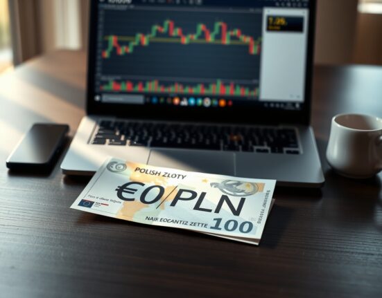 Polish Zloty banknote on desk with laptop showing EUR/PLN chart