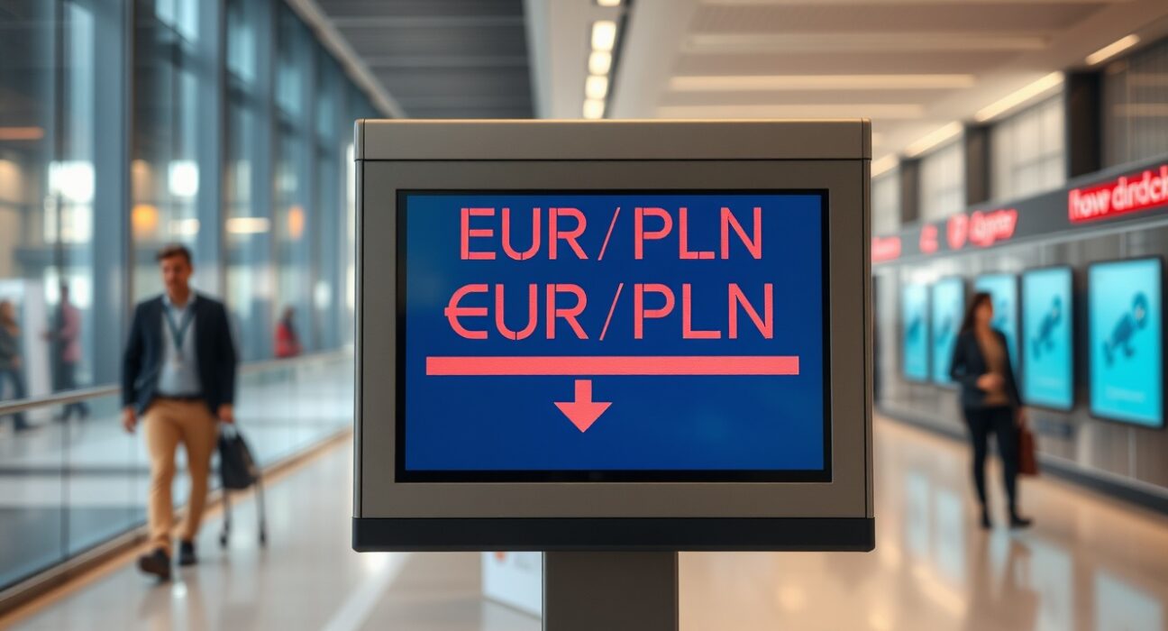 Digital currency board showing EUR/PLN exchange rate with downward trend in a Warsaw bank lobby