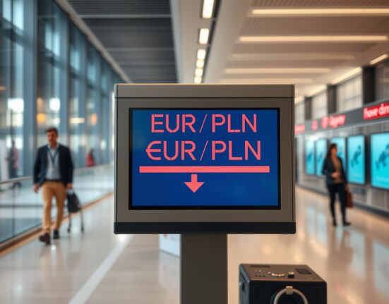 Digital currency board showing EUR/PLN exchange rate with downward trend in a Warsaw bank lobby
