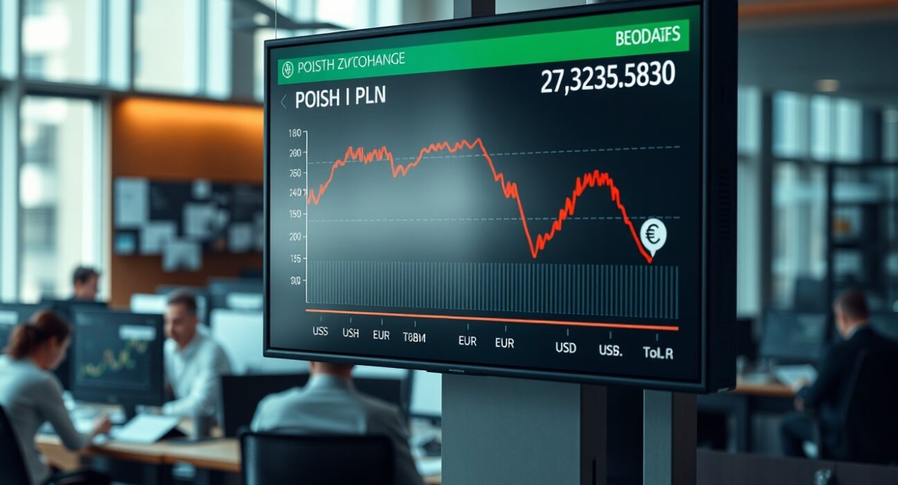 Financial chart showing Polish Zloty exchange rate decline in a newsroom setting