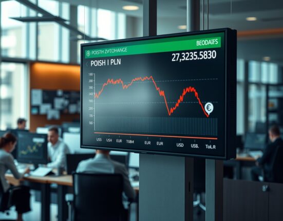 Financial chart showing Polish Zloty exchange rate decline in a newsroom setting