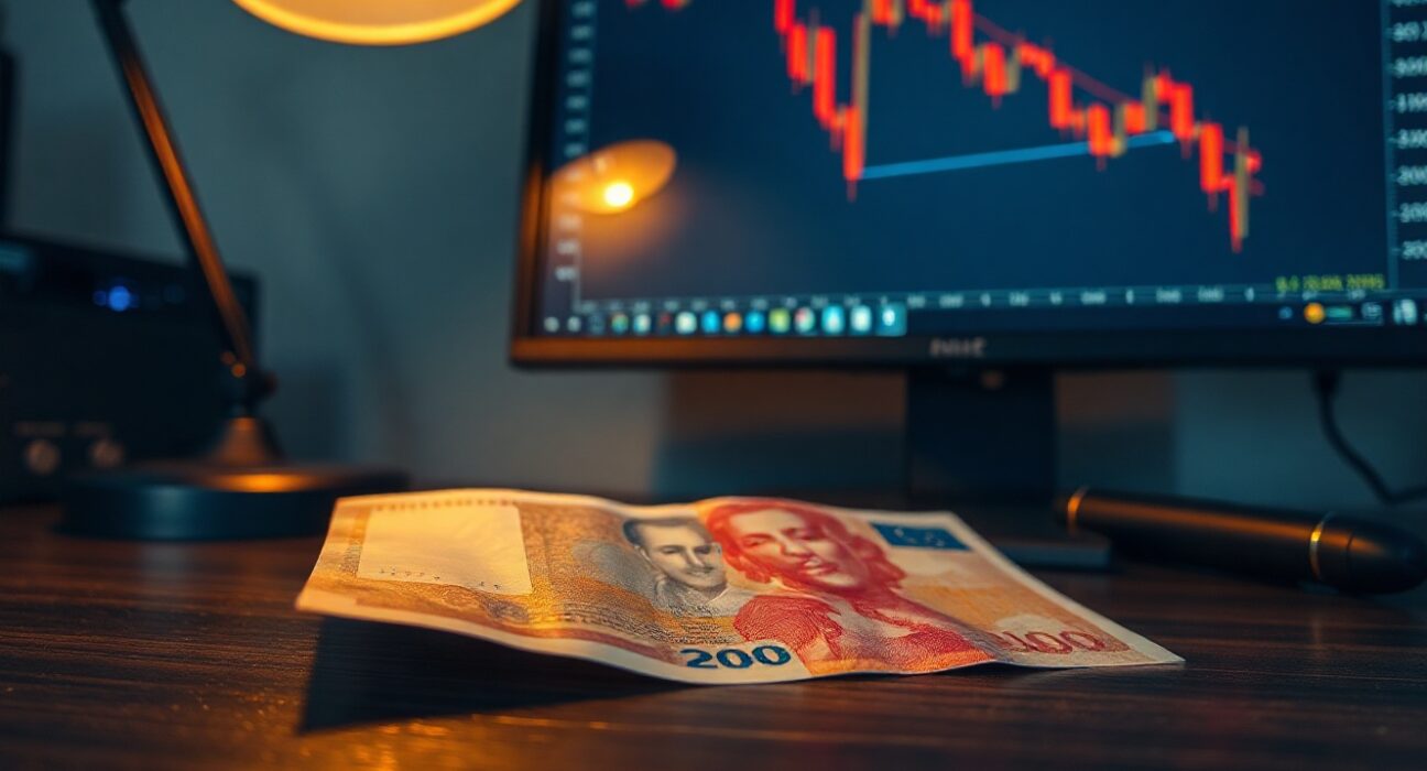 Polish Zloty banknote with a computer monitor showing a currency chart in the background