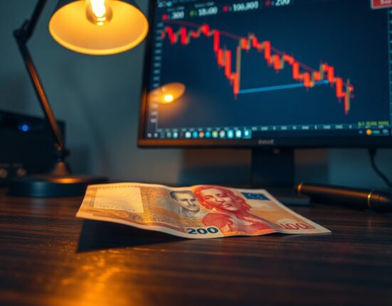 Polish Zloty banknote with a computer monitor showing a currency chart in the background