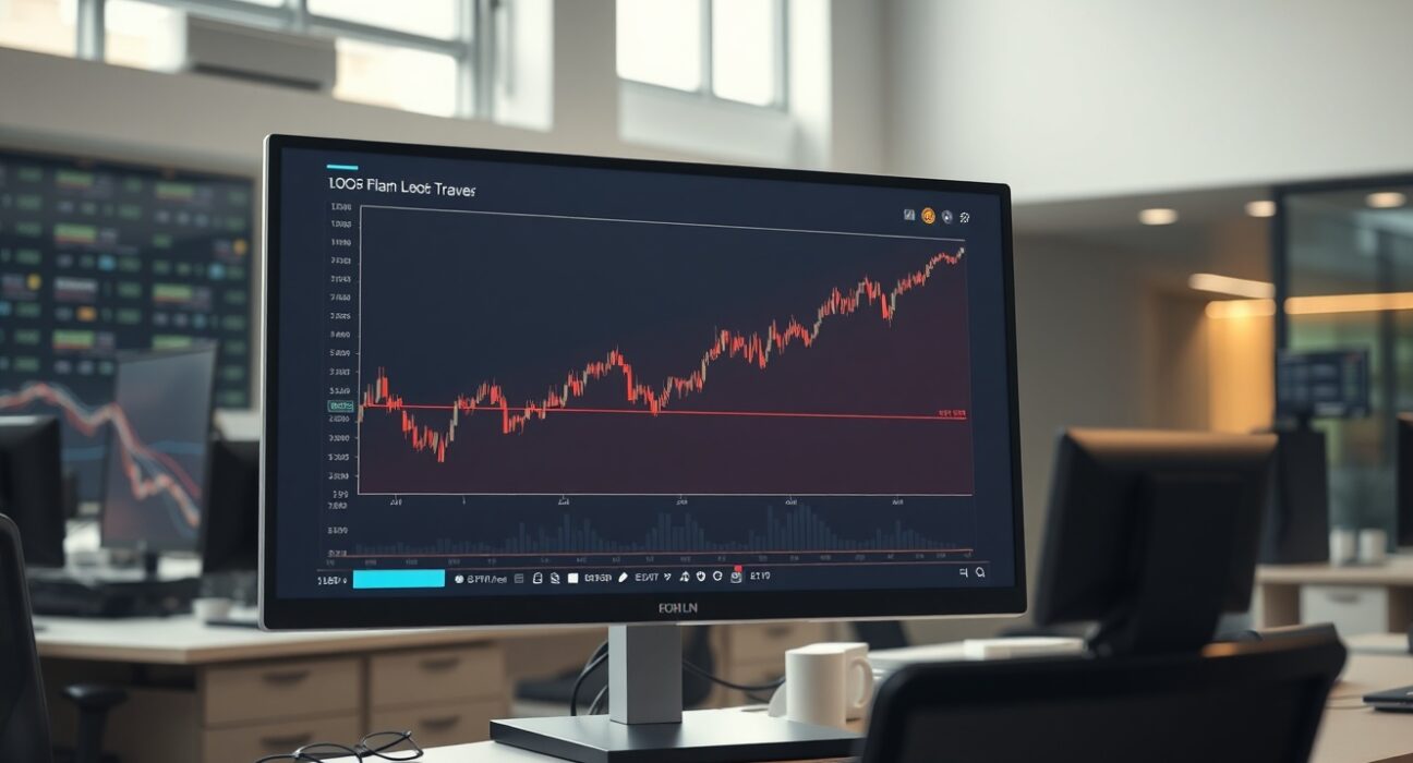 EUR/PLN forex chart on a monitor in a professional trading office setting