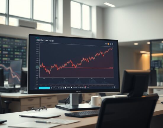 EUR/PLN forex chart on a monitor in a professional trading office setting