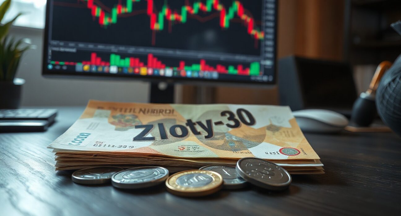 Polish zloty banknotes and coins with a computer screen showing forex charts in the background