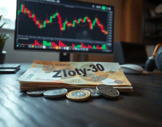 Polish zloty banknotes and coins with a computer screen showing forex charts in the background