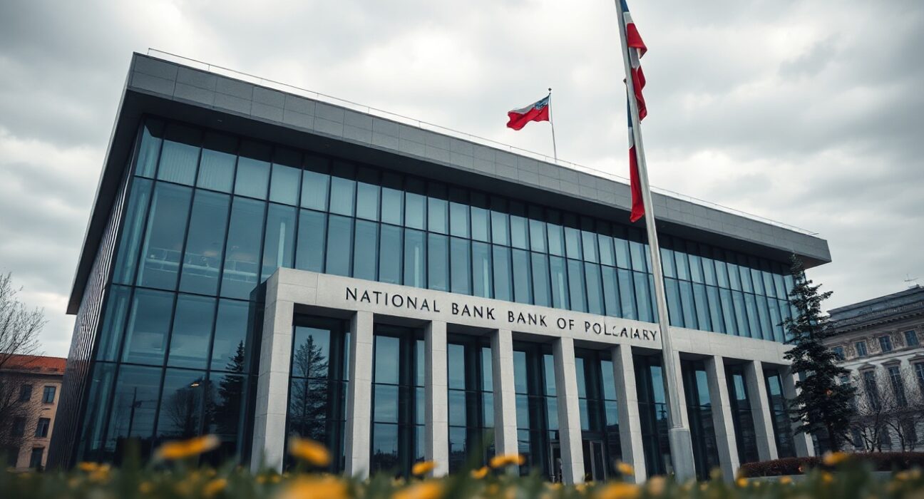 National Bank of Poland building in Warsaw under cloudy sky