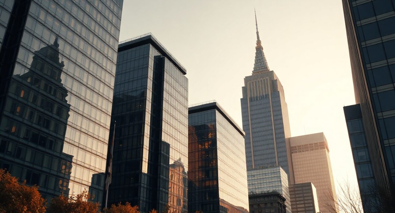 Warsaw financial district skyline with modern glass office towers and Palace of Culture and Science in background.