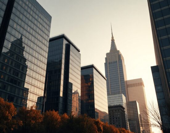 Warsaw financial district skyline with modern glass office towers and Palace of Culture and Science in background.