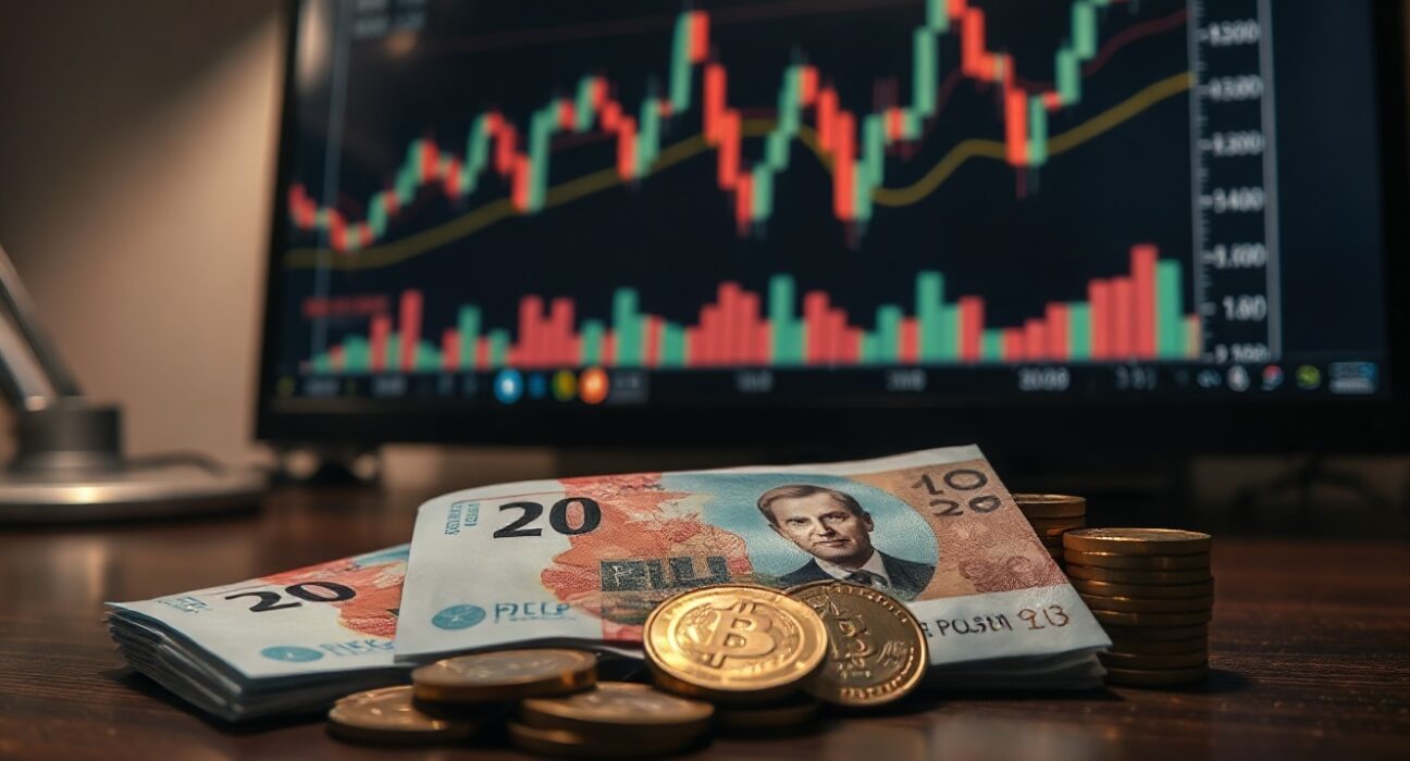 Polish zloty banknotes and coins on a desk with a financial chart in the background
