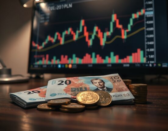 Polish zloty banknotes and coins on a desk with a financial chart in the background