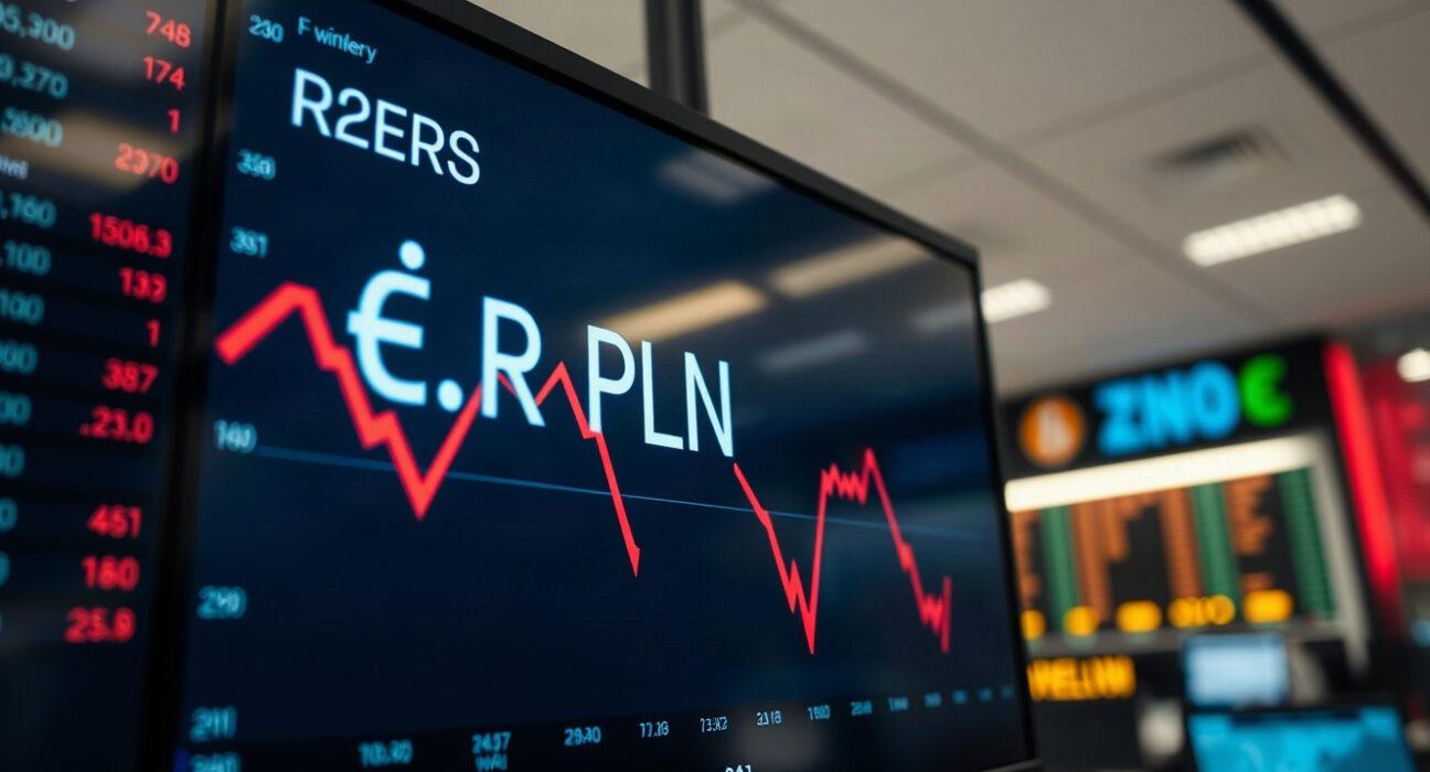 EUR/PLN exchange rate chart showing downward trend on a trading screen