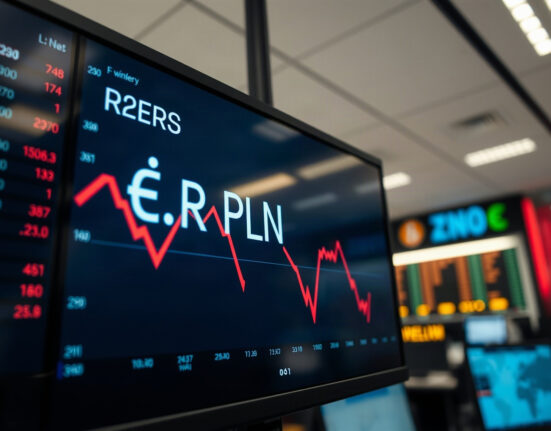 EUR/PLN exchange rate chart showing downward trend on a trading screen