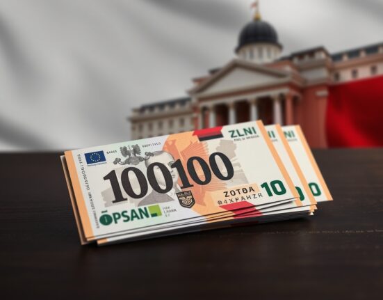 Polish zloty banknotes with political tension affecting currency value analysis