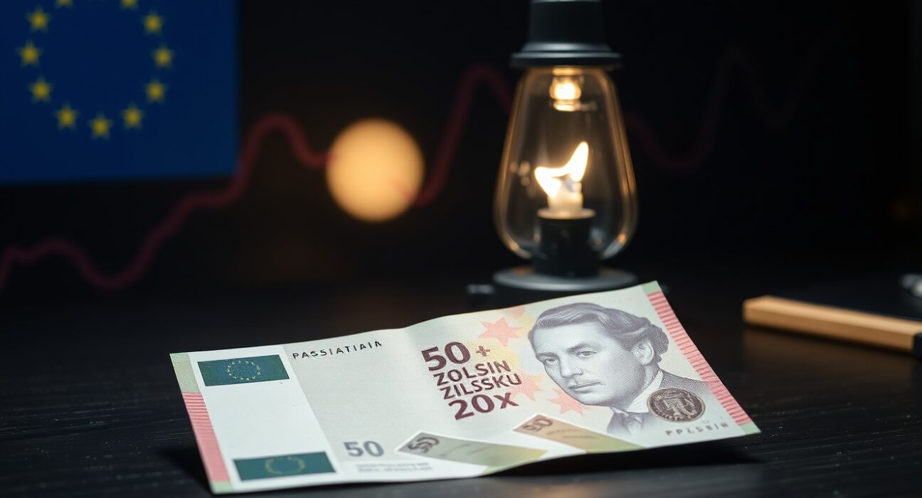 Polish Zloty banknote and oil lamp on desk with graph background representing currency pressure