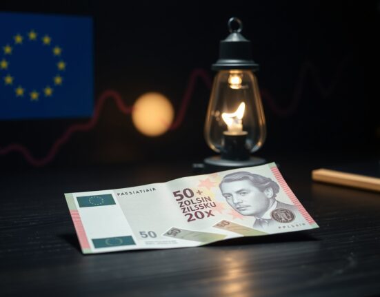 Polish Zloty banknote and oil lamp on desk with graph background representing currency pressure