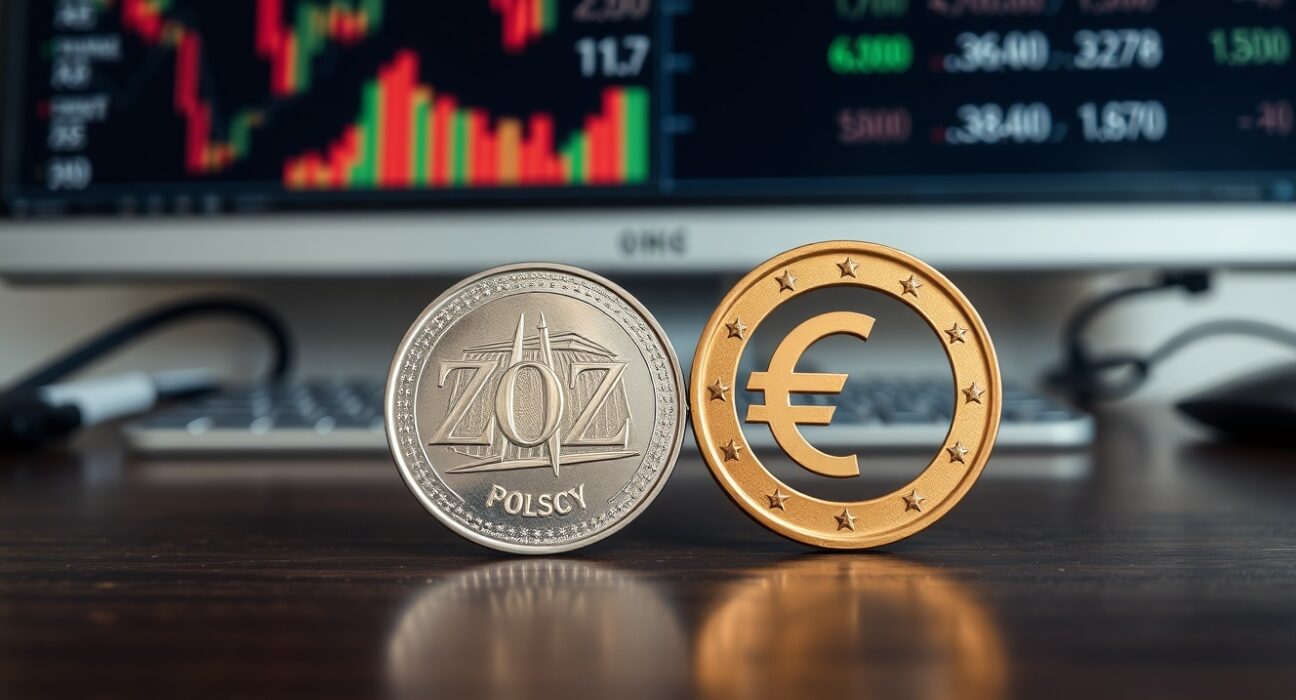 Polish zloty and euro coins on a desk with financial charts in the background