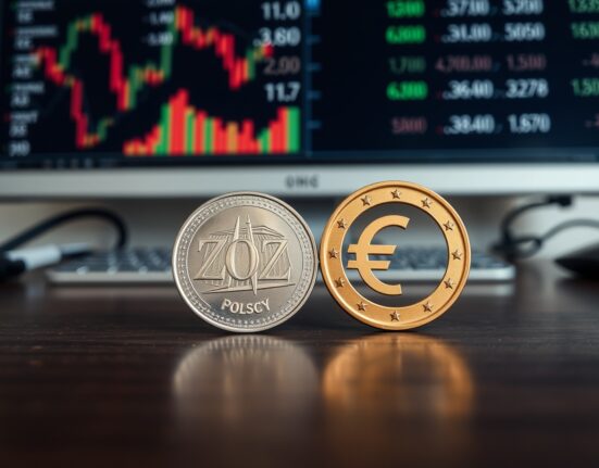 Polish zloty and euro coins on a desk with financial charts in the background