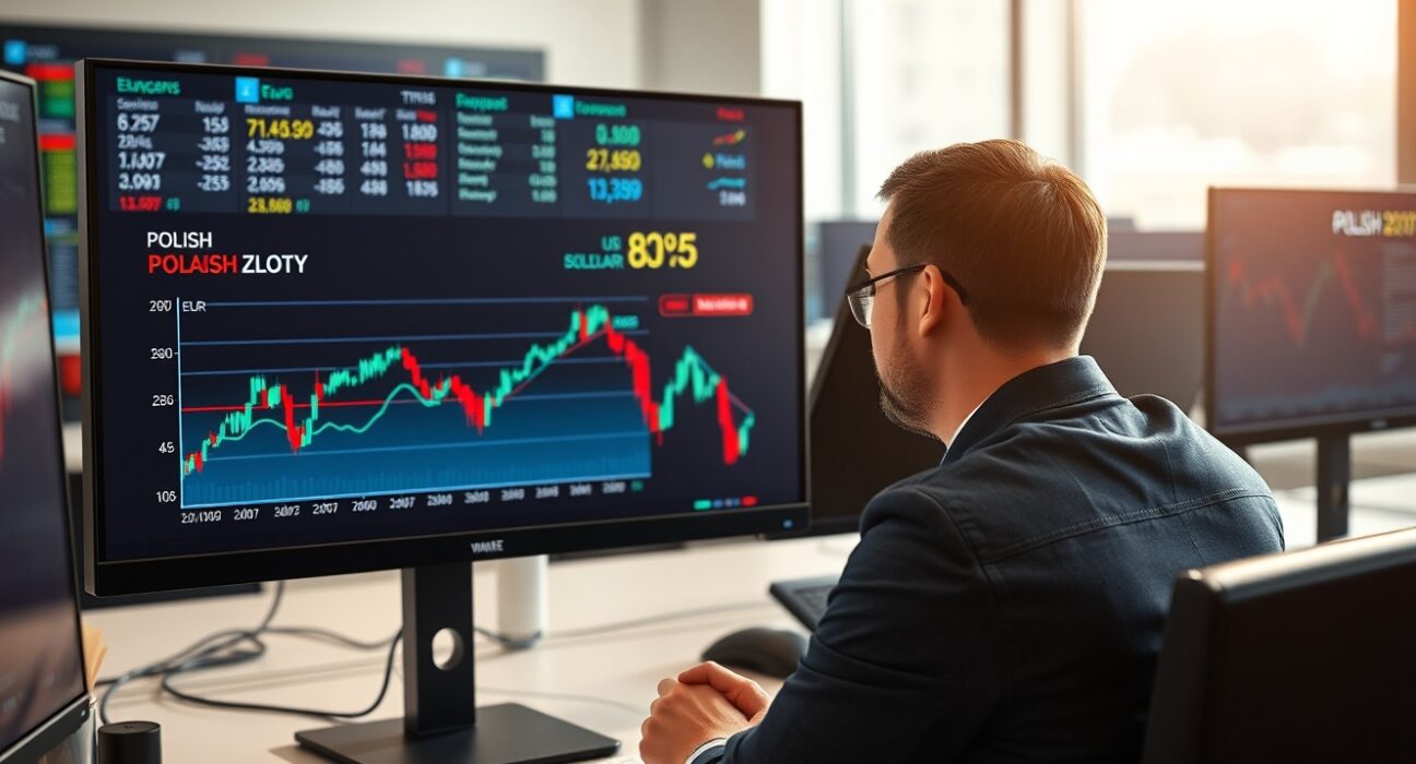 Financial analyst monitoring Polish Zloty exchange rate charts in a Warsaw trading office.