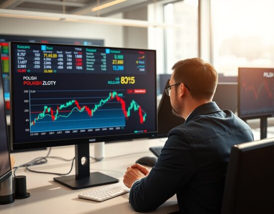 Financial analyst monitoring Polish Zloty exchange rate charts in a Warsaw trading office.