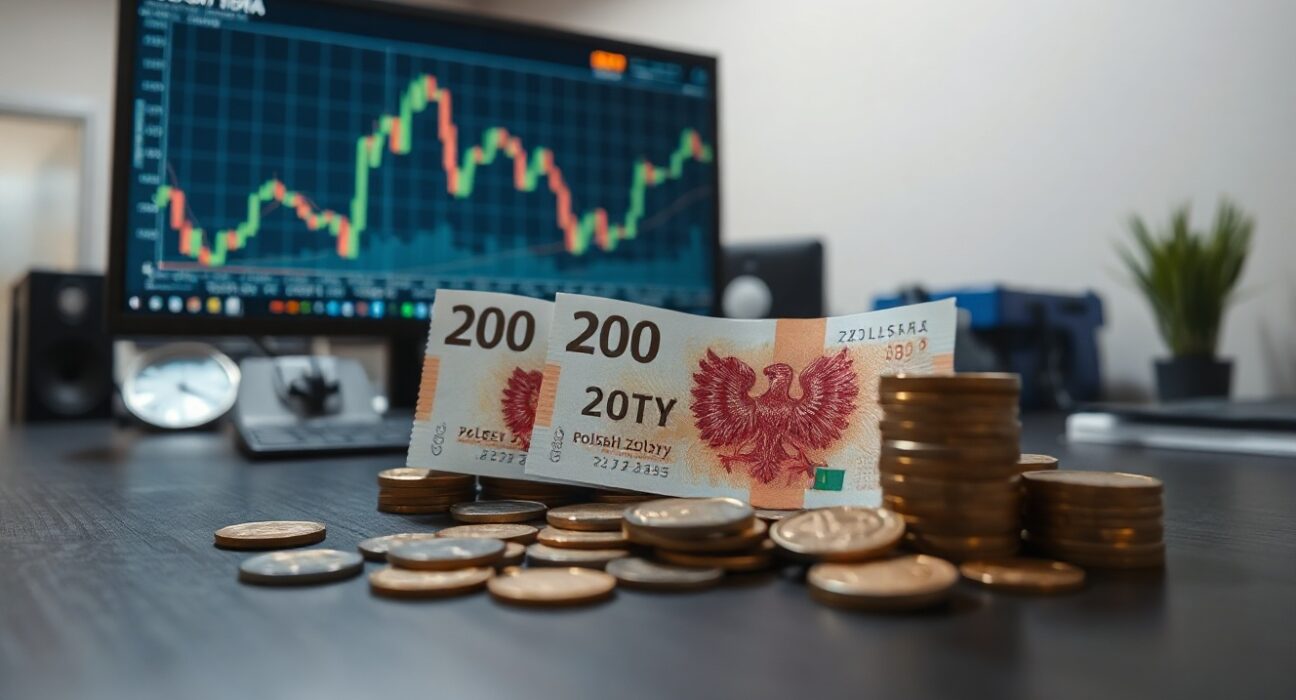 Polish Zloty banknotes and coins on a desk with a financial chart in the background