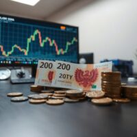 Polish Zloty banknotes and coins on a desk with a financial chart in the background