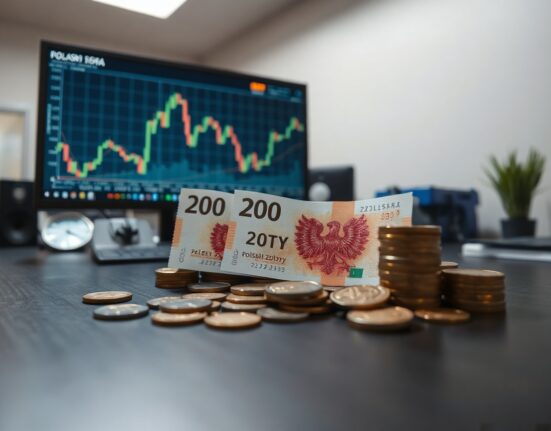 Polish Zloty banknotes and coins on a desk with a financial chart in the background