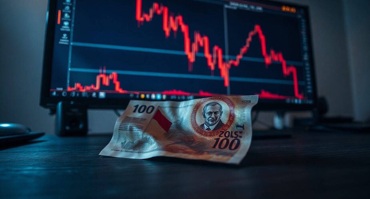 Polish zloty banknote next to a financial chart showing a downturn, representing currency vulnerability in risk-off markets.