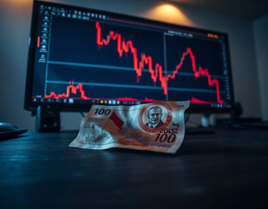 Polish zloty banknote next to a financial chart showing a downturn, representing currency vulnerability in risk-off markets.