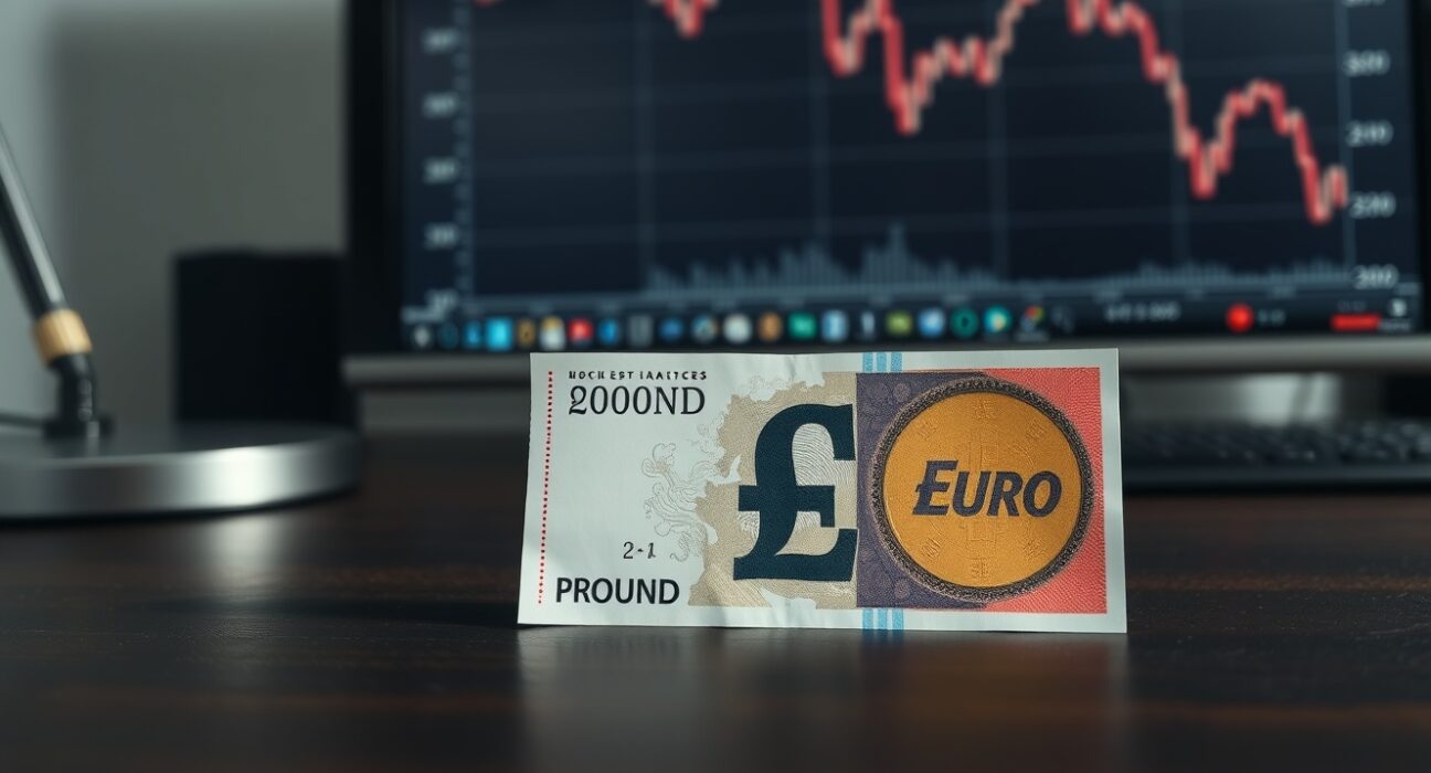 British Pound and Euro banknotes on a desk with a financial chart in the background