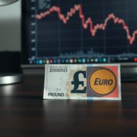 British Pound and Euro banknotes on a desk with a financial chart in the background