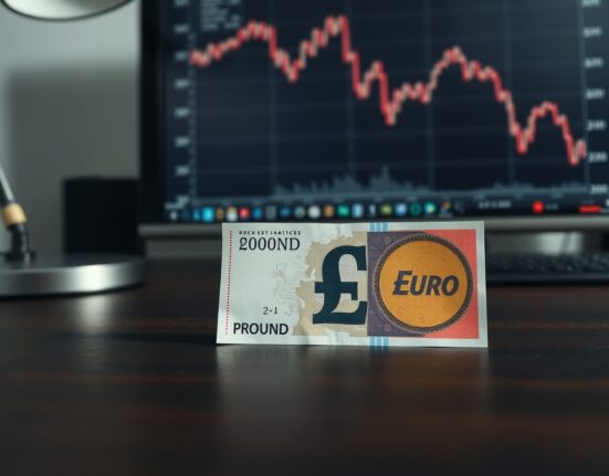 British Pound and Euro banknotes on a desk with a financial chart in the background