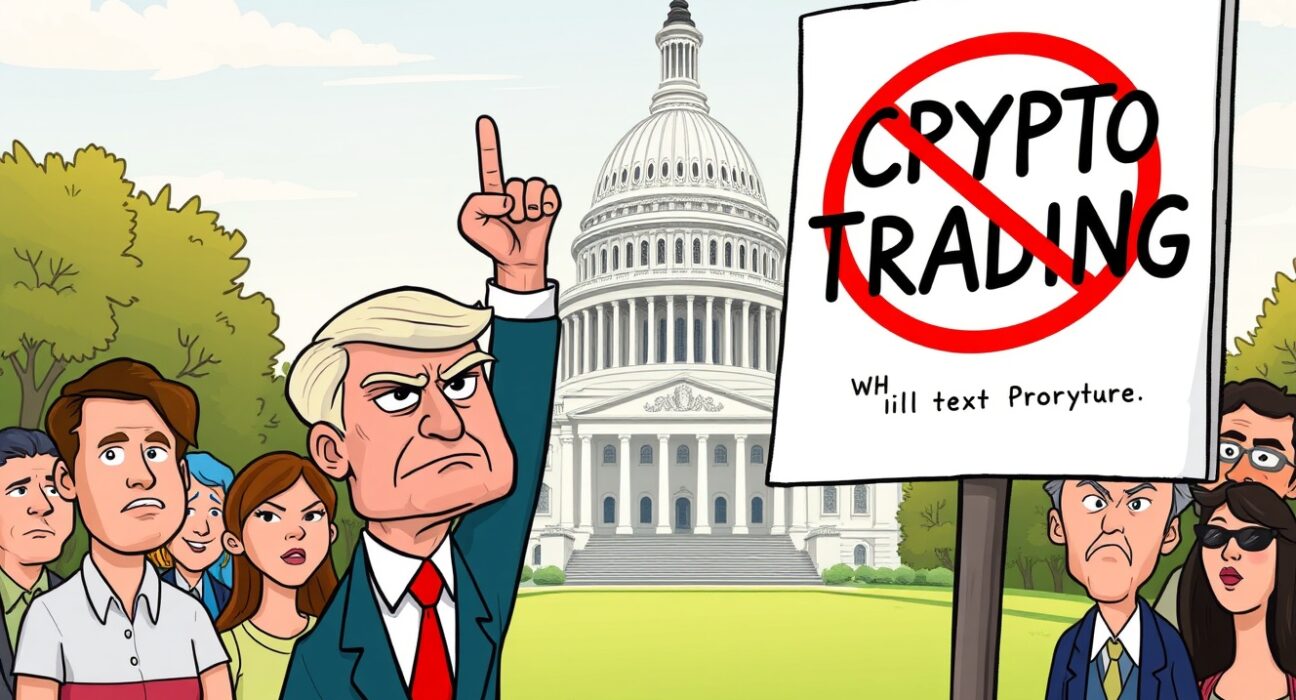 A cartoon illustration showing a politician proposing a politician crypto trading ban to promote ethical governance.