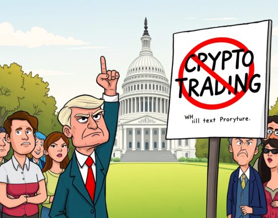 A cartoon illustration showing a politician proposing a politician crypto trading ban to promote ethical governance.